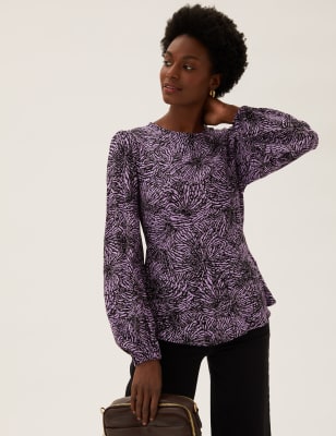 

M&S Collection Top de manga abullonada con cuello redondo estampadoWomens - Purple Mix, Purple Mix