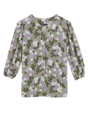 

M&S Collection Blusa de manga blusón floral de escote en picoWomens - Khaki Mix, Khaki Mix
