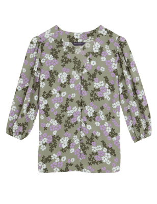 

Womens M&S Collection Floral V-Neck Blouson Sleeve Blouse - Khaki Mix, Khaki Mix