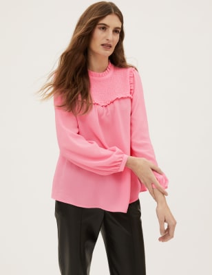

Womens M&S Collection Shirred High Neck Long Sleeve Blouse - Pale Pink, Pale Pink