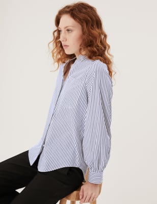 

Womens M&S Collection Pure Cotton Striped Collarless Shirt - White Mix, White Mix