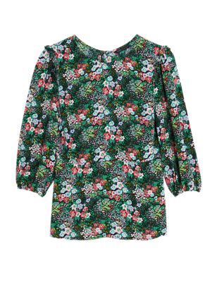 M&S Womens Floral Frill Detail 3/4 Sleeve Top