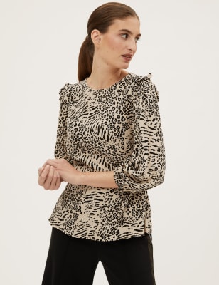 

Womens M&S Collection Animal Print Frill Detail Long Sleeve Top - Brown Mix, Brown Mix