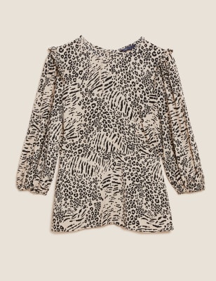 

Womens M&S Collection Animal Print Frill Detail Long Sleeve Top - Brown Mix, Brown Mix