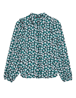 

Womens M&S Collection Floral Frill Detail Long Sleeve Blouse - Black Mix, Black Mix