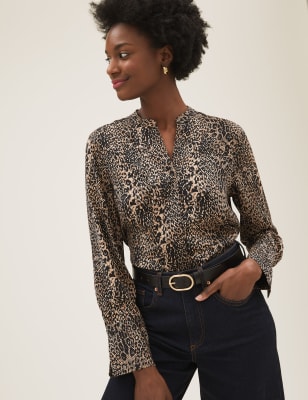 Satin Animal Print V-Neck Blouse