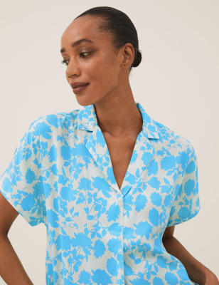 Floral Collared Short Sleeve Popover Blouse