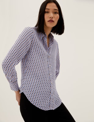 

Womens M&S Collection Geometric Print Long Sleeve Shirt - Blue Mix, Blue Mix
