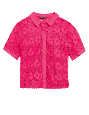 

Womens M&S Collection Lace Collared Short Sleeve Shirt - Fuchsia, Fuchsia