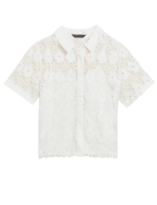 

Womens M&S Collection Kurzarmbluse mit Spitze und Kragen - Soft White, Soft White