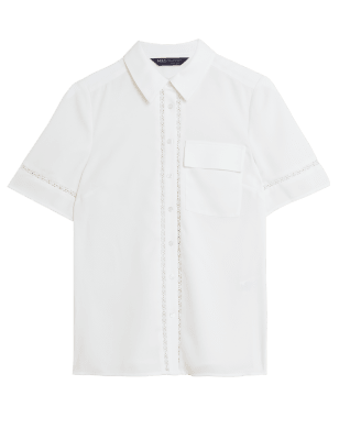 

Womens M&S Collection Collared Lace Insert Short Sleeve Shirt - Ivory, Ivory