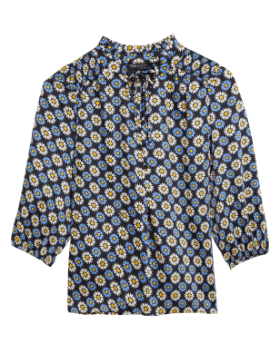 

Womens M&S Collection Geometric Tie Neck 3/4 Sleeve Blouse - Navy Mix, Navy Mix
