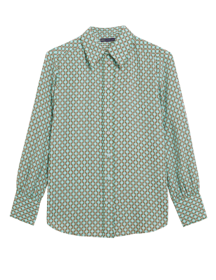 

Womens M&S Collection Langarmhemd mit geometrischem Muster und Kragen - Green Mix, Green Mix