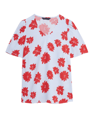

Womens M&S Collection Oberteil mit Blumenmuster, V-Ausschnitt und Puffärmeln - Blue Mix, Blue Mix
