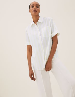 

Womens M&S Collection Pure Cotton Striped Oversized Shirt - White Mix, White Mix