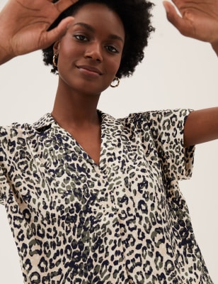 Animal Print Collared Popover Blouse