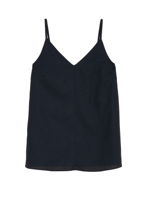 

Womens M&S Collection Ärmelloses Trägeroberteil mit hohem Leinenanteil und V-Ausschnitt - Navy, Navy