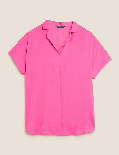 Collared Short Sleeve Popover Blouse