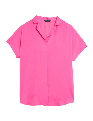 

Womens M&S Collection Popover-Bluse mit kurzen Ärmeln und Kragen - Pink, Pink