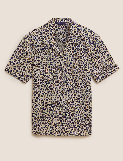 Pure Cotton Animal Print Collared Blouse