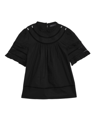 

M&S Collection Top de manga corta con cuello con volante 100% algodónWomens - Black, Black