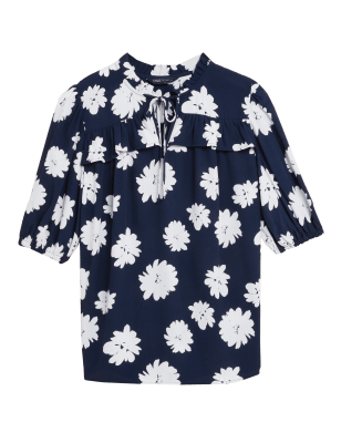

Womens M&S Collection Popover-Kurzarmbluse mit Blumenmuster und Schleifenkragen - Navy Mix, Navy Mix