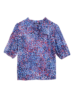 

Womens M&S Collection Gemusterte Popover-Bluse mit Schleifenkragen - Blue Mix, Blue Mix