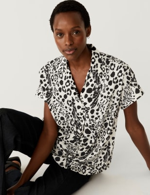 

Womens M&S Collection Satin Printed Popover Blouse - Ivory Mix, Ivory Mix