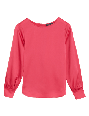 

M&S Collection Top de manga larga de satén con cuello redondoWomens - Pink, Pink