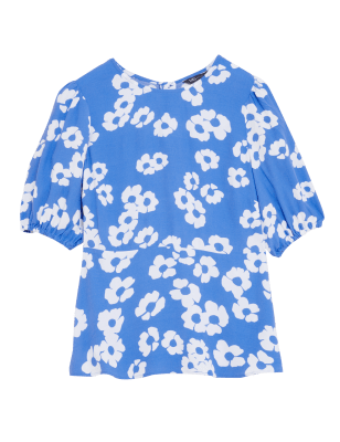 

Womens M&S Collection Floral Round Neck Puff Sleeve Top - Blue Mix, Blue Mix