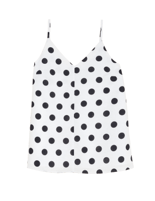 

Womens M&S Collection Linen Rich Polka Dot V-Neck Cami Top - White Mix, White Mix