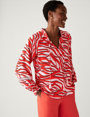 

Womens M&S Collection Printed Tie Neck Blouse - Pink Mix, Pink Mix