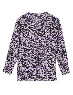 

Womens M&S Collection Gemusterte Langarm-Popover-Bluse mit V-Ausschnitt - Purple Mix, Purple Mix