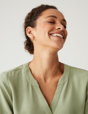 Marks And Spencer Womens M&S Collection V-Neck Long Sleeve Popover Blouse - Fern Green, Fern Green