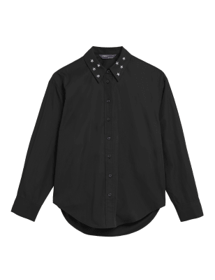 

Womens M&S Collection Pure Cotton Embellished Collared Shirt - Black, Black