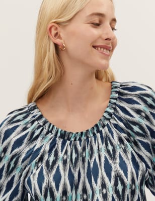 

Womens M&S Collection Printed Round Neck Puff Sleeve Top - Navy Mix, Navy Mix