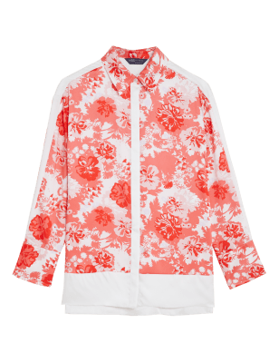 

Womens M&S Collection Lang geschnittenes Langarmhemd mit Blumenmuster und Kragen - Red Mix, Red Mix