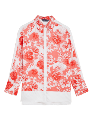 

Womens M&S Collection Floral Collared Long Sleeve Longline Shirt - Red Mix, Red Mix