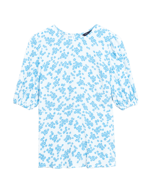 

M&S Collection Top de manga abullonada con cuello redondo y estampado floralWomens - White Mix, White Mix