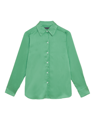 

Womens M&S Collection Langarmhemd aus Satin mit Kragen - Washed Green, Washed Green