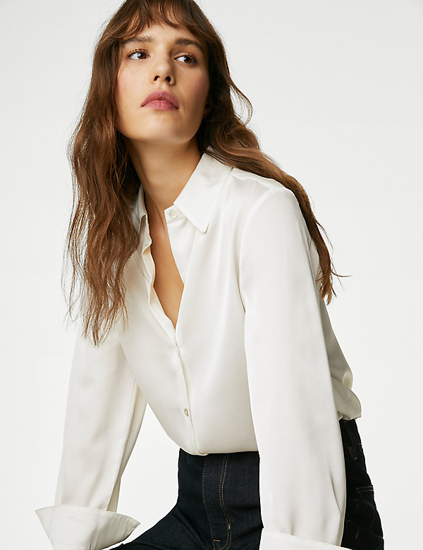 Satin Collared Long Sleeve Shirt Marks & Spencer Women Clothing Shirts Long sleeved Shirts 