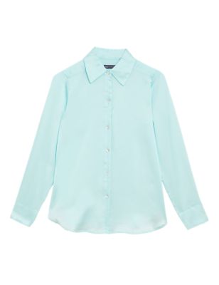 Womens M&S Collection Satin Collared Long Sleeve Shirt - Soft Turquoise