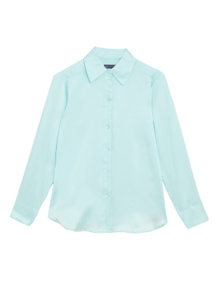 Womens M&S Collection Satin Collared Long Sleeve Shirt - Soft Turquoise