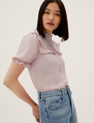 Frill Neck Puff Sleeve Blouse | M&S US