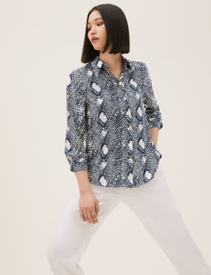 Snake Print Collared Long Sleeve Shirt