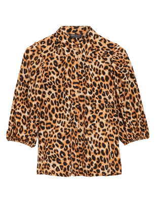 

Womens M&S Collection Hemd mit Puffärmeln, Tiermuster und Kragen - Brown Mix, Brown Mix