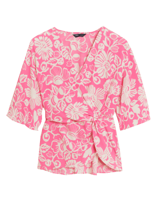 

Womens M&S Collection Geblümtes Wickeloberteil mit V-Ausschnitt und Engelsärmeln - Pink Mix, Pink Mix