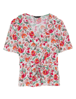 

Womens M&S Collection Printed Frill Neck Angel Sleeve Wrap Top - Orange Mix, Orange Mix