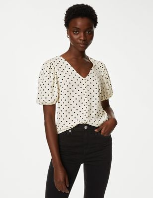 

Womens M&S Collection Printed V-Neck Puff Sleeve Blouse - Ivory Mix, Ivory Mix