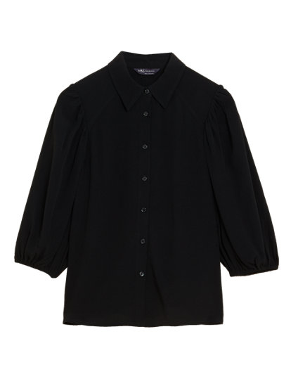m&s collection collared puff sleeve shirt - 8 - black, black